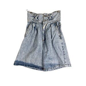 Y2K Retro Acid Wash High Waist Shorts Blue 9 Vintage Bow 80s Paper Bag Chic